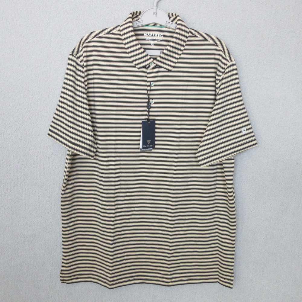MAELREG Performance Polo Shirt Mens XL Black Khaki Stripe Wicking UPF 30+